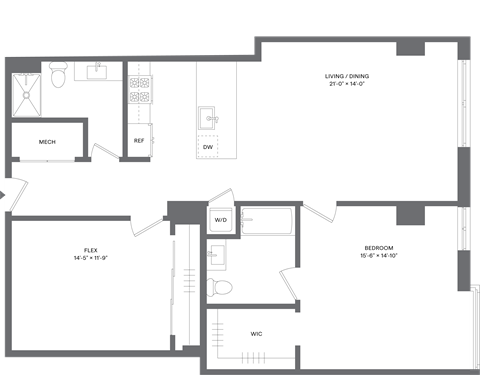 Floor plan for 1 bed, 2 baths, 1166 sqft